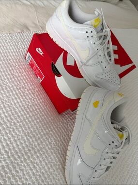 Nike Dunk Low  White Sneakers with Pale Yellow Accents and Heart Detail NEW